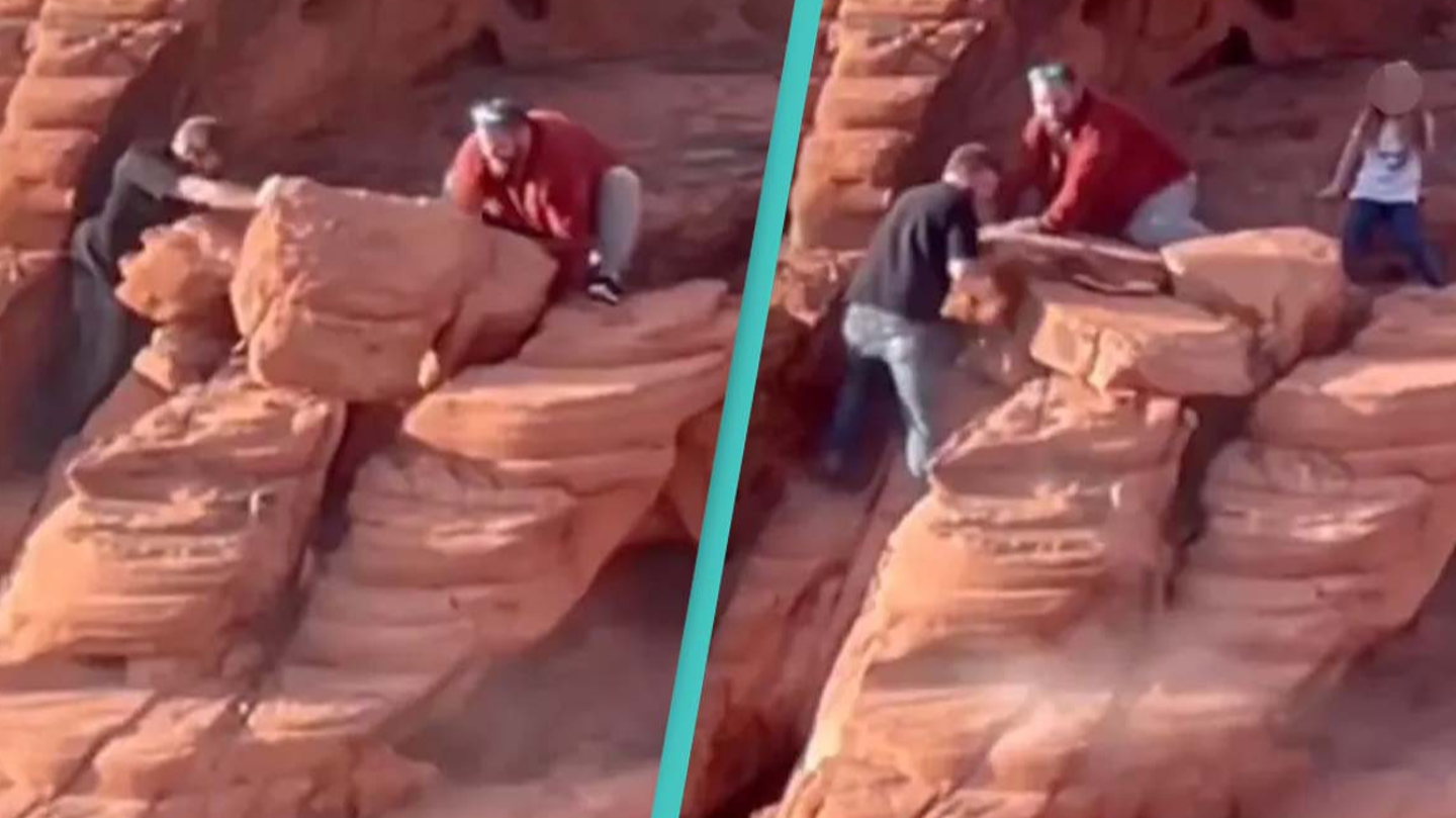 Tourists destroy 'beautiful' rock formation at national park as people look on in horror